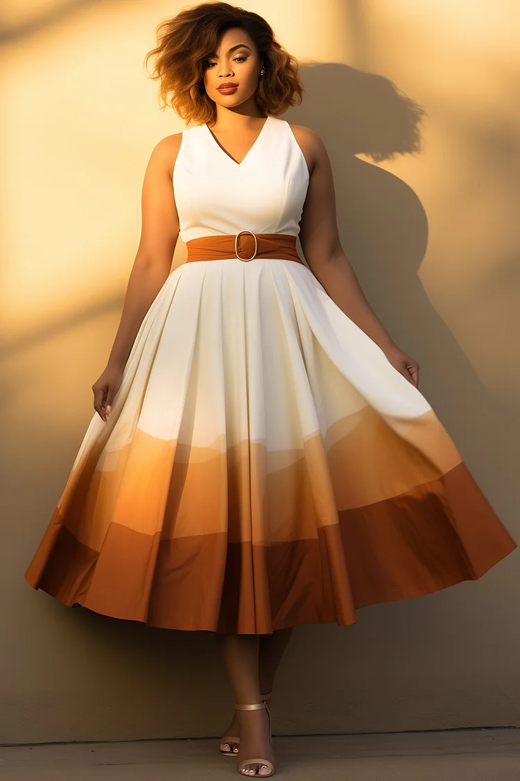 Xpluswear Design Plus Size Daily White Gradient V Neck Sundress Pocket Midi Dresses [Pre-Order] 2024 - Xpluswear