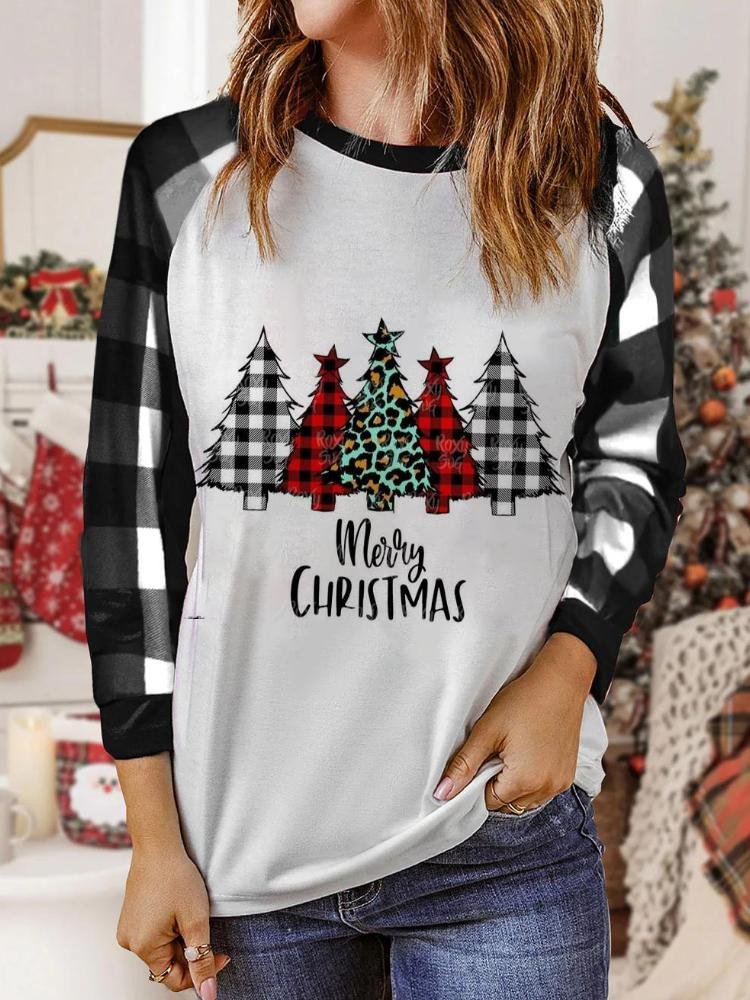 Women's Merry Christmas Tree Letter Printed Round Neck Sweatshirt 
