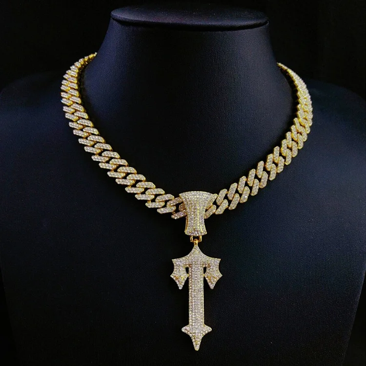 Cuba Chain Big Sword Pendant Rhinestone Necklace-Gold