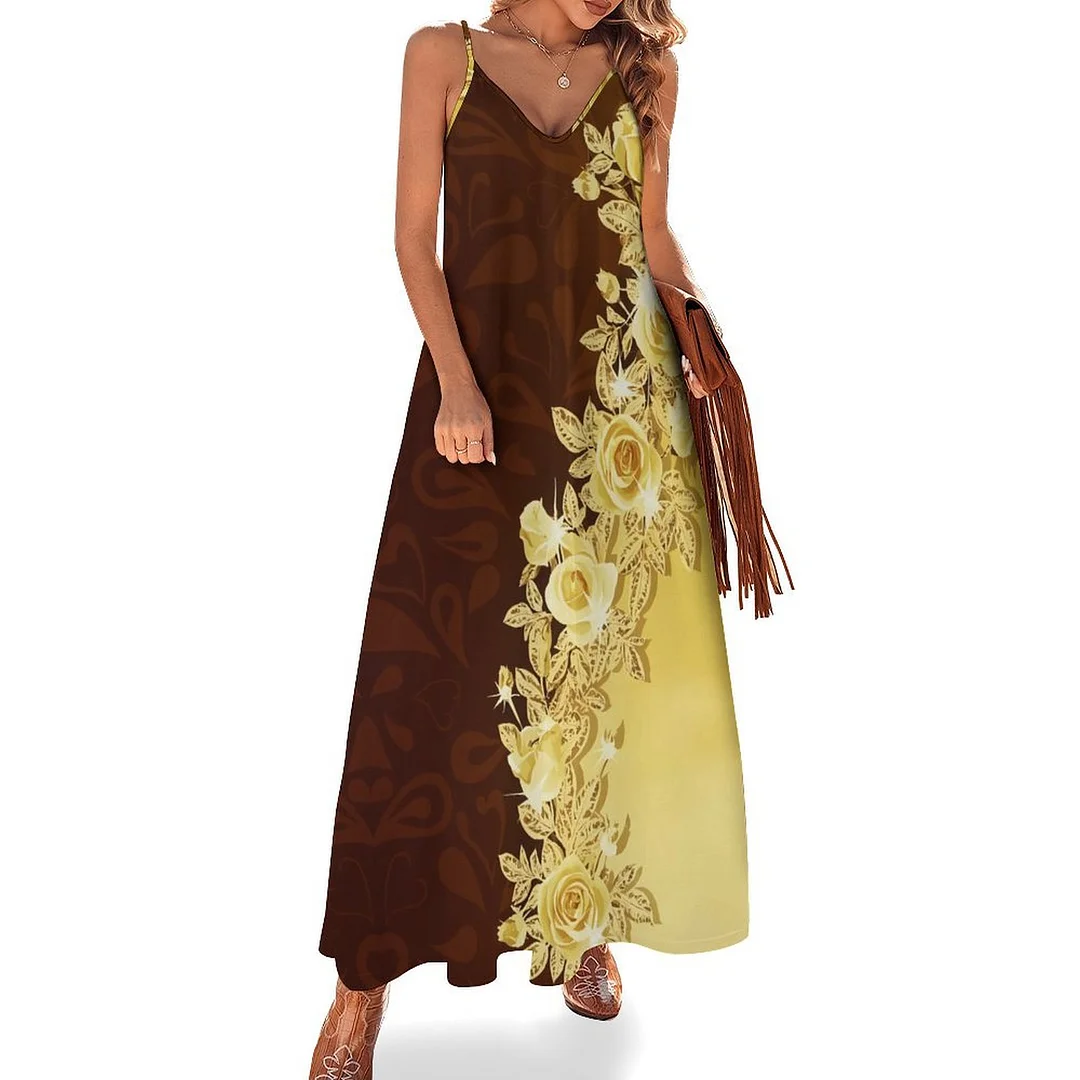 Style & Comfort for Mature Women Plus Size Printed Sling Casual Women Maxi Dress in Pattern Floral, Golden, Wine Red