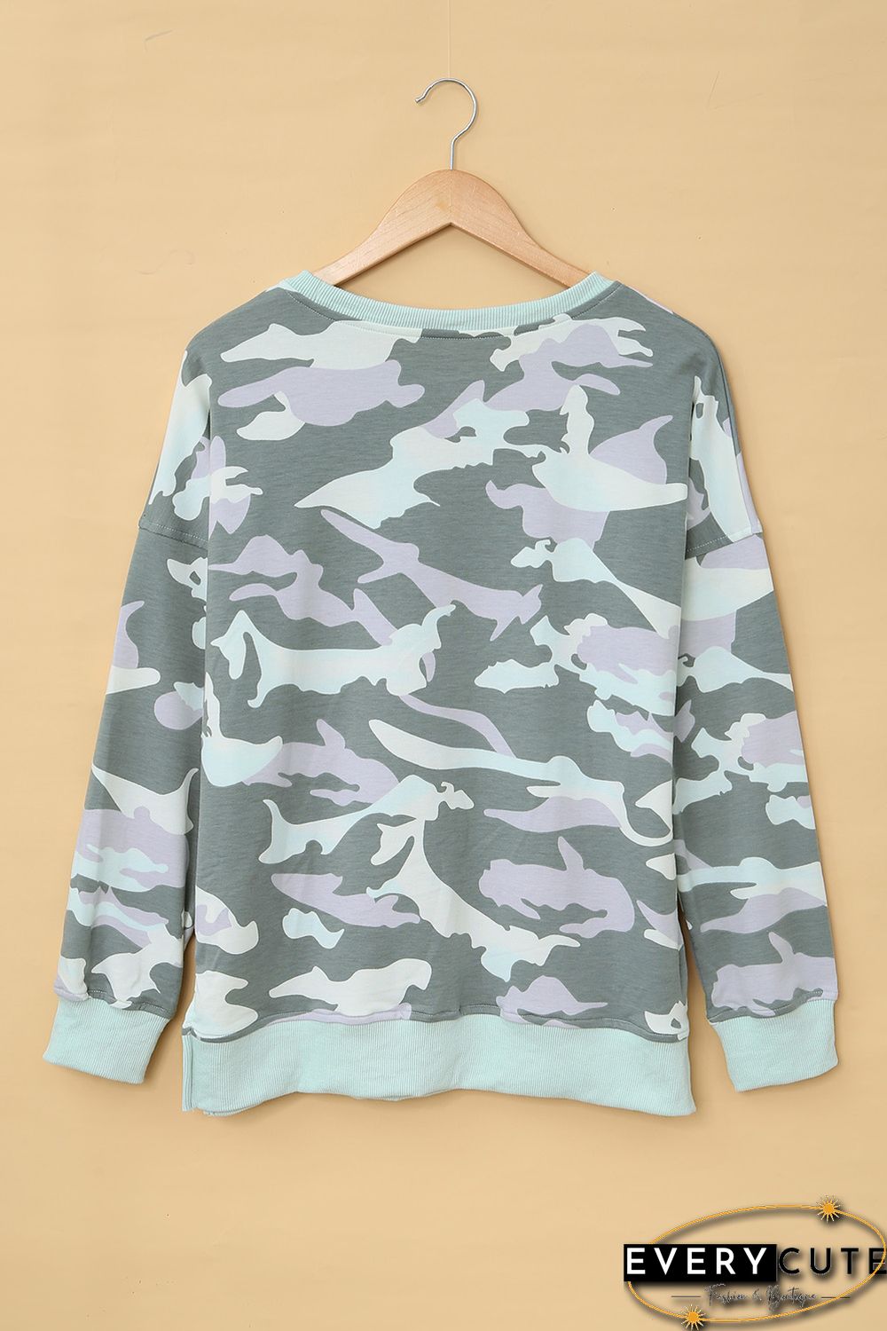 Light Green Camouflage Pullover Sweatshirt with Slits