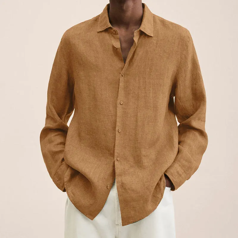 Brownm Brownm Explosion Autumn Long Sleeve V-Neck Loose Button Cotton Shirt Shirt Man
