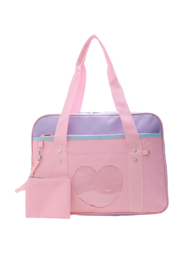 Fashion Women Clear Patchwork Shoulder Bag Canvas Handbags (Pink Purple)