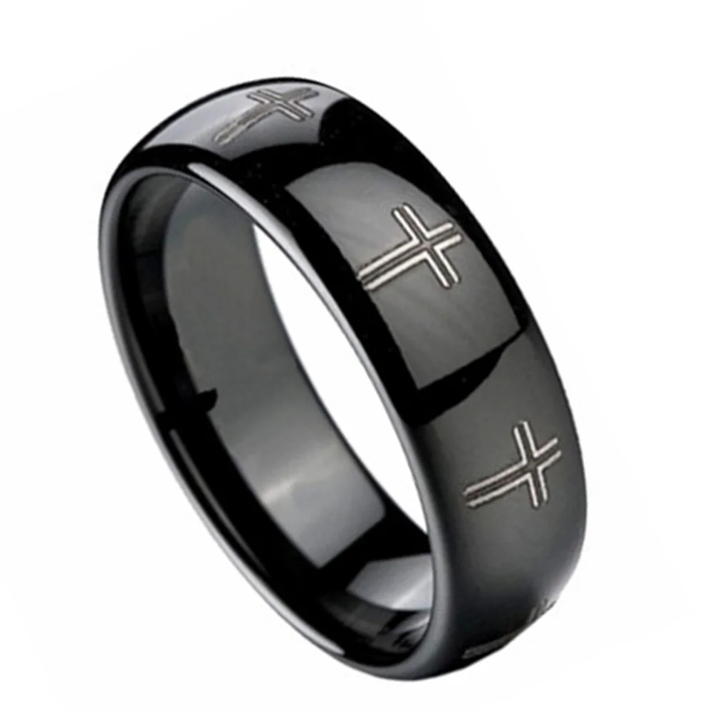 8mm Mens Cross Religion Rings Black Full Arc Tungsten Wedding Bands 