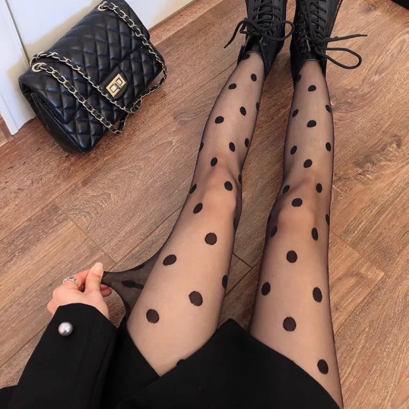 Sexy Thin Polka Dot Print Sheer Black Stockings