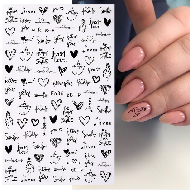 1PC Heart Shaped Letter Design 3D Nail Sticker Abstract Sexy Lady Geometric Slider For Nails Valentine's Day Nail Art Decoration