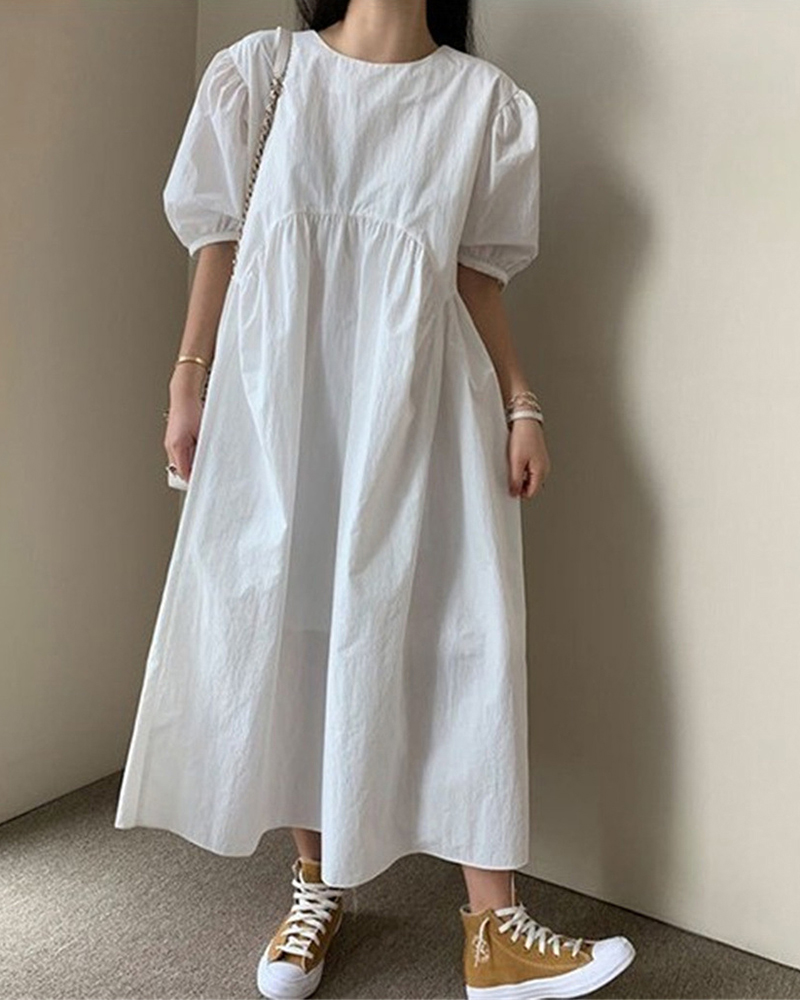 Puffy Short Sleeve Round Neck Simple Solid Color Midi Dress