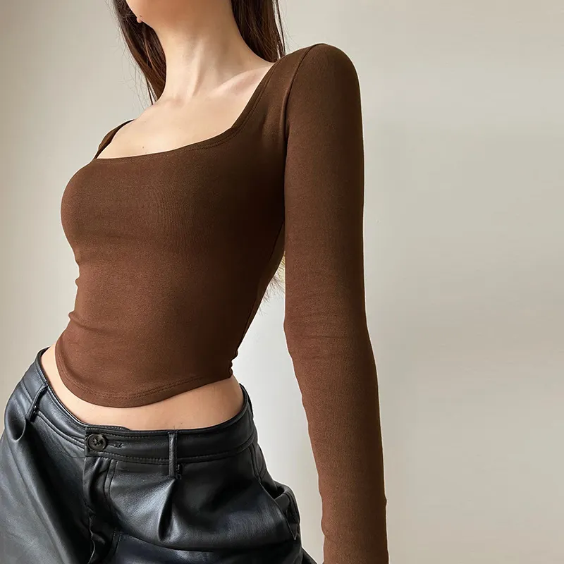 Churchf Churchf Square Collar Long Sleeves With T-Shirt Women's Winter Sexy Crop Slim Short Top