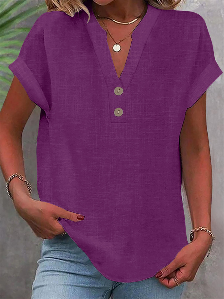 Summer Solid-Color Stand-Up Collar Button-Down Short-Sleeve Women's Shirt-JRSEE