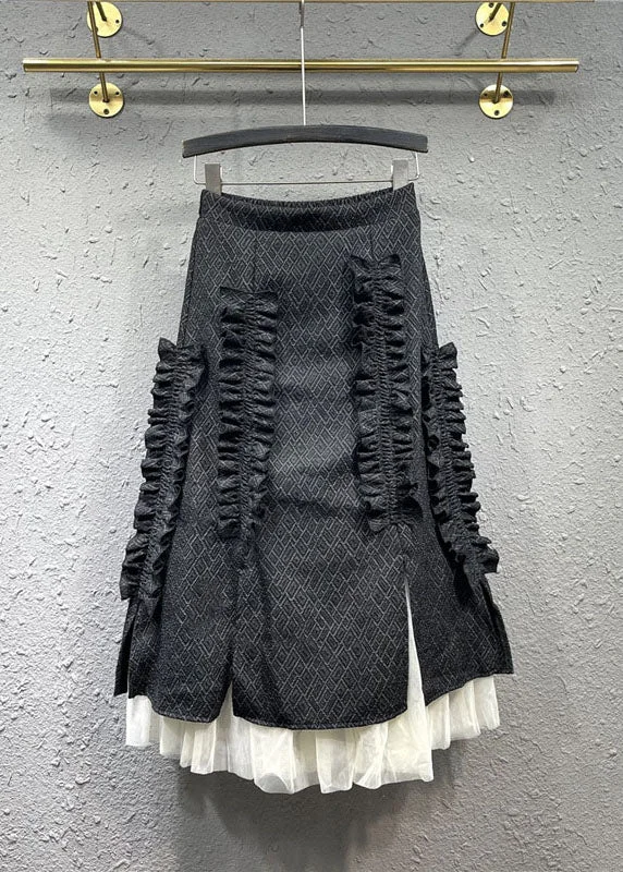 French Black Tulle Patchwork Ruffled Elastic Waist Maxi Skirts