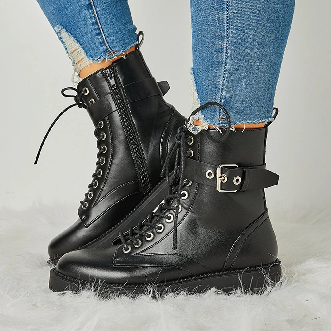 Women's Fashion Buckle Combat Leather Boots