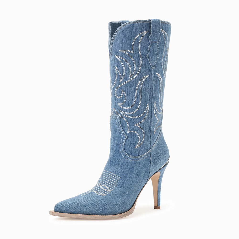 Blue Denim Pointed Toe Embroidered Stiletto Heel Cowgirl Boots