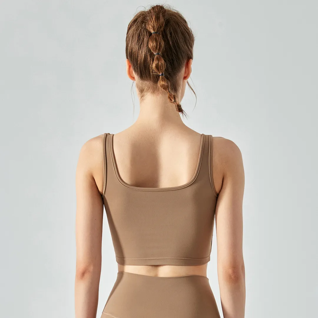 Shop square neck u back sustainable outerwear yoga sports bra with removable pads online on Hergymclothing Cocoa