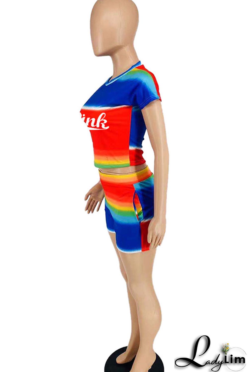 Rainbow Color Casual Print Patchwork O Neck Short Sleeve Two Pieces