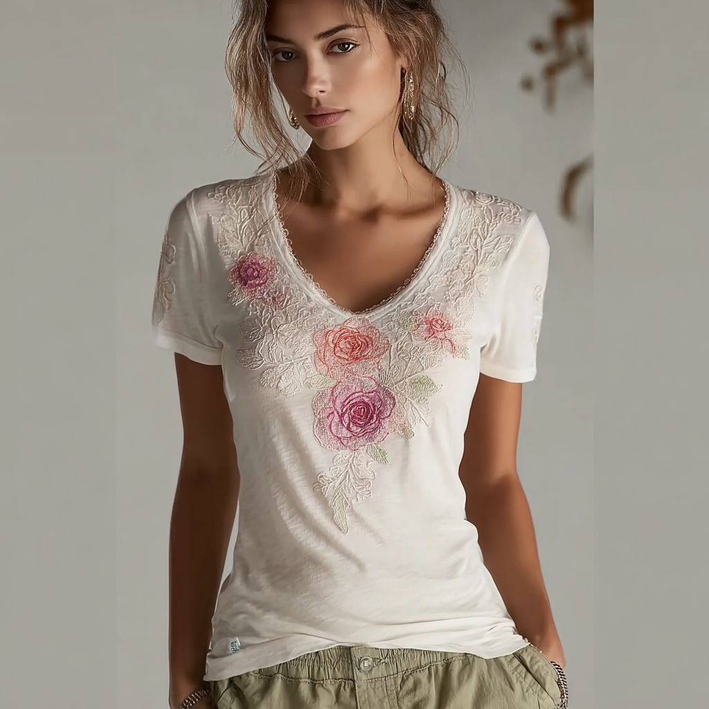 Lace Rose Embroidery Design V-neck Short-sleeve T-shirt elevenforest