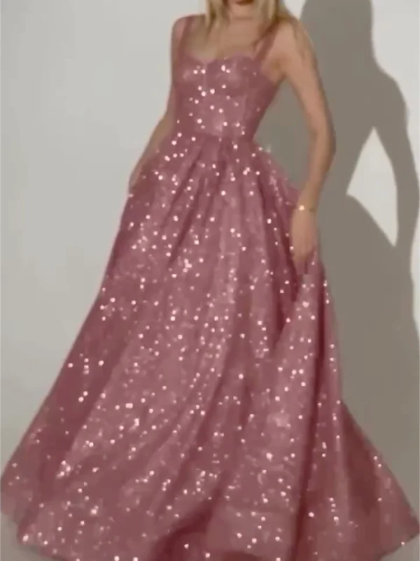 Shiny Sequinned gauze Sleeveless Spaghetti-Neck Evening Maxi Dresses