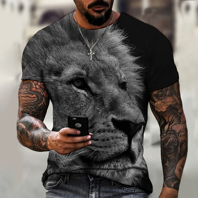 BrosWear Fashion 3D Lion Graphic Casual Short Sleeve T-Shirt