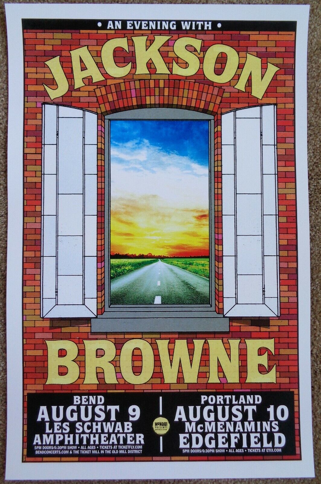 JACKSON BROWNE 2016 Gig POSTER Bend & Edgefield Portland Oregon Concert