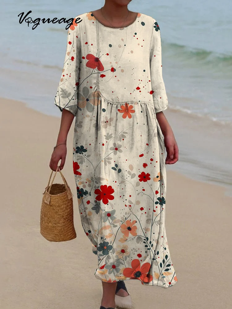 Simple Elegant And Comfortable Printed Women's Casual Cotton And Linen Dress