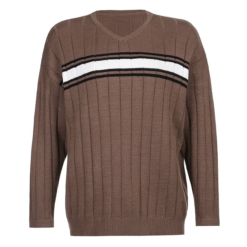 HEYounGIRL Striped V Neck Oversized Sweater Women Casual Loose Knitted Jumper Ladies Preppy Style Vintage Korean Knitwear Autumn