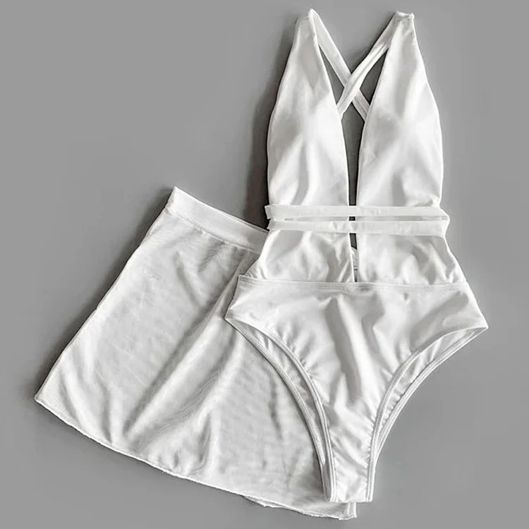 V Neck One Piece Swimsuit and Sarong