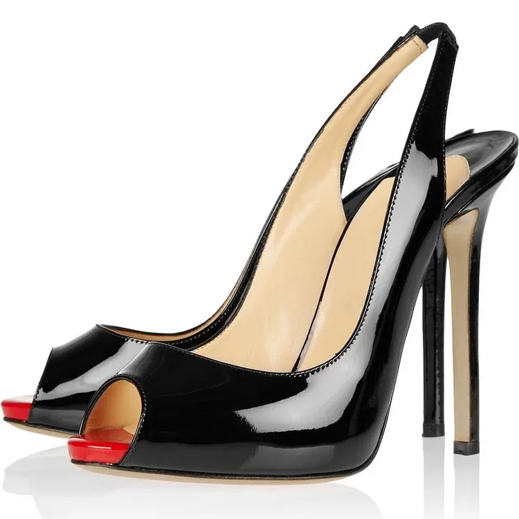 Black Patent Leather Slingback heels Peep Toe Office Stiletto Shoes |FSJ Shoes