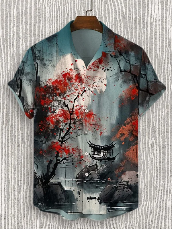 Men's Elegant Landscape Ink Painting Print Casual Shirt