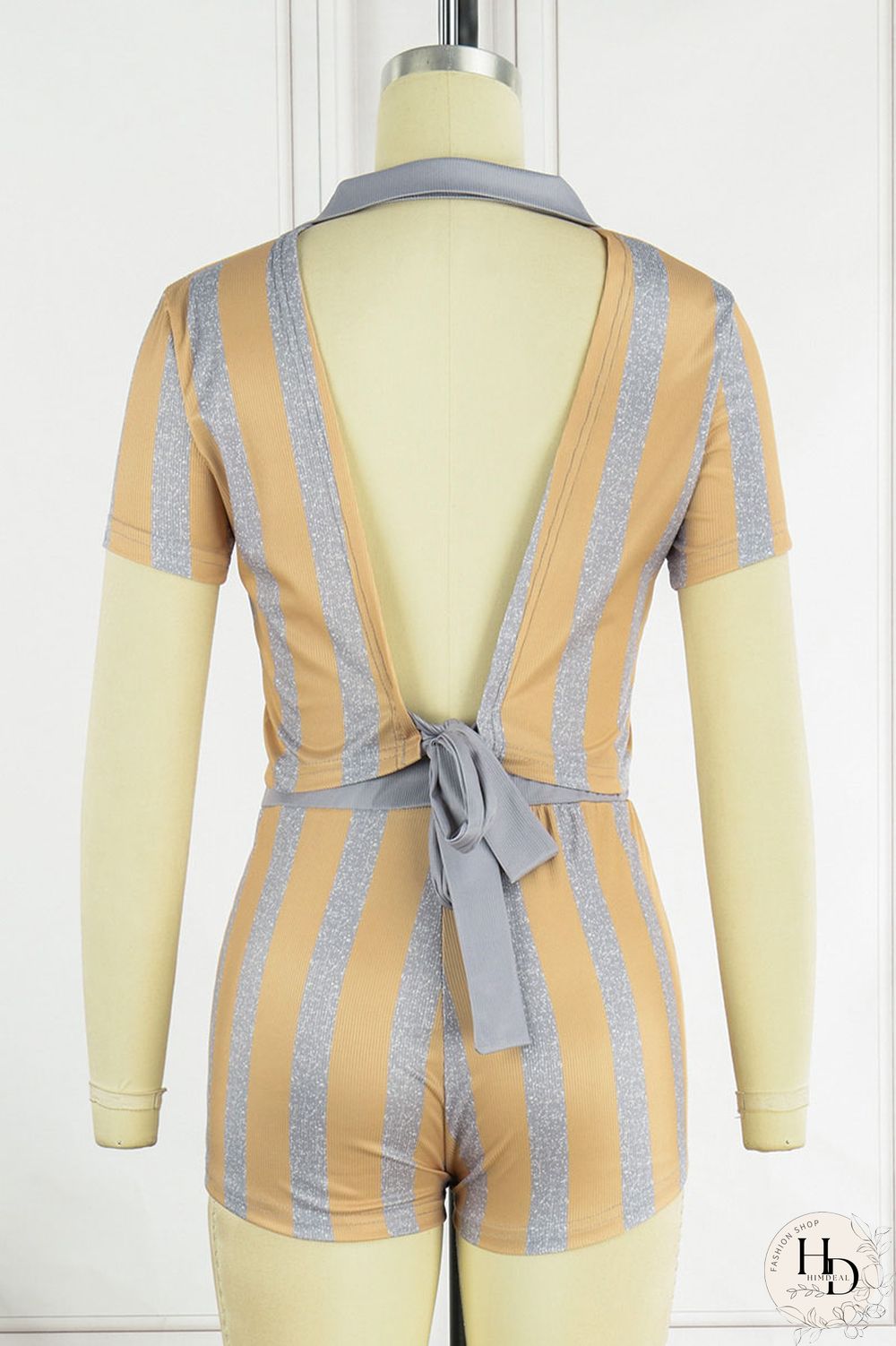 Brownness Sexy Striped Print Bandage Patchwork Backless Turndown Collar Short Sleeve Two Pieces