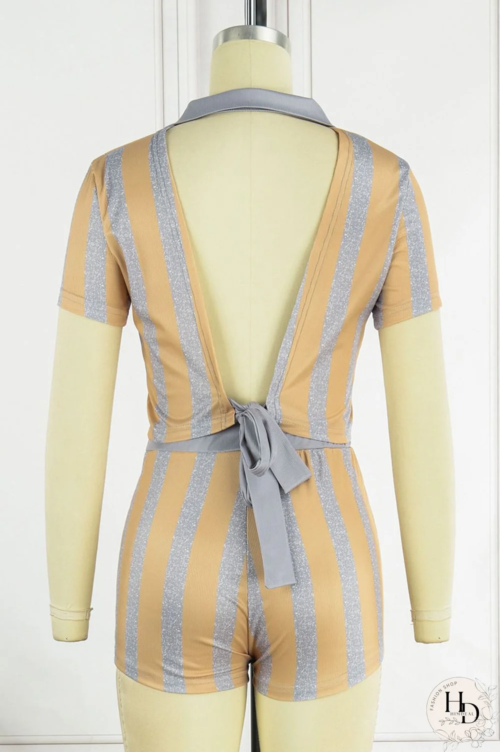 Brownness Sexy Striped Print Bandage Patchwork Backless Turndown Collar Short Sleeve Two Pieces