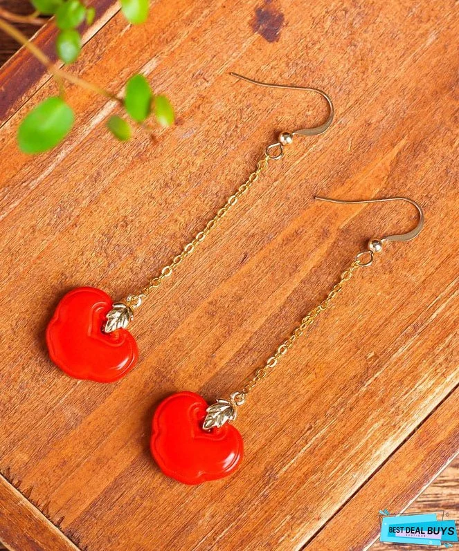 Skinny Red Sterling Silver Overgild Cinnabar Ruyi Drop Earrings
