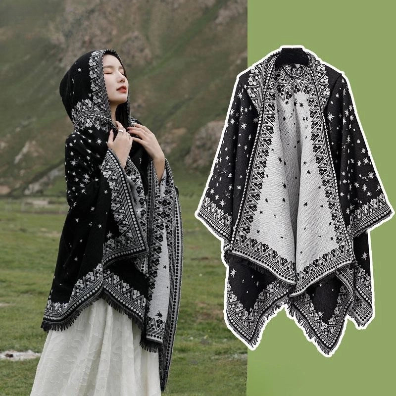 Ethnic Style Hooded Cape Women’s Yunnan Tibet Western Sichuan Grassland Bohemia Travel Wear Scarf Coat