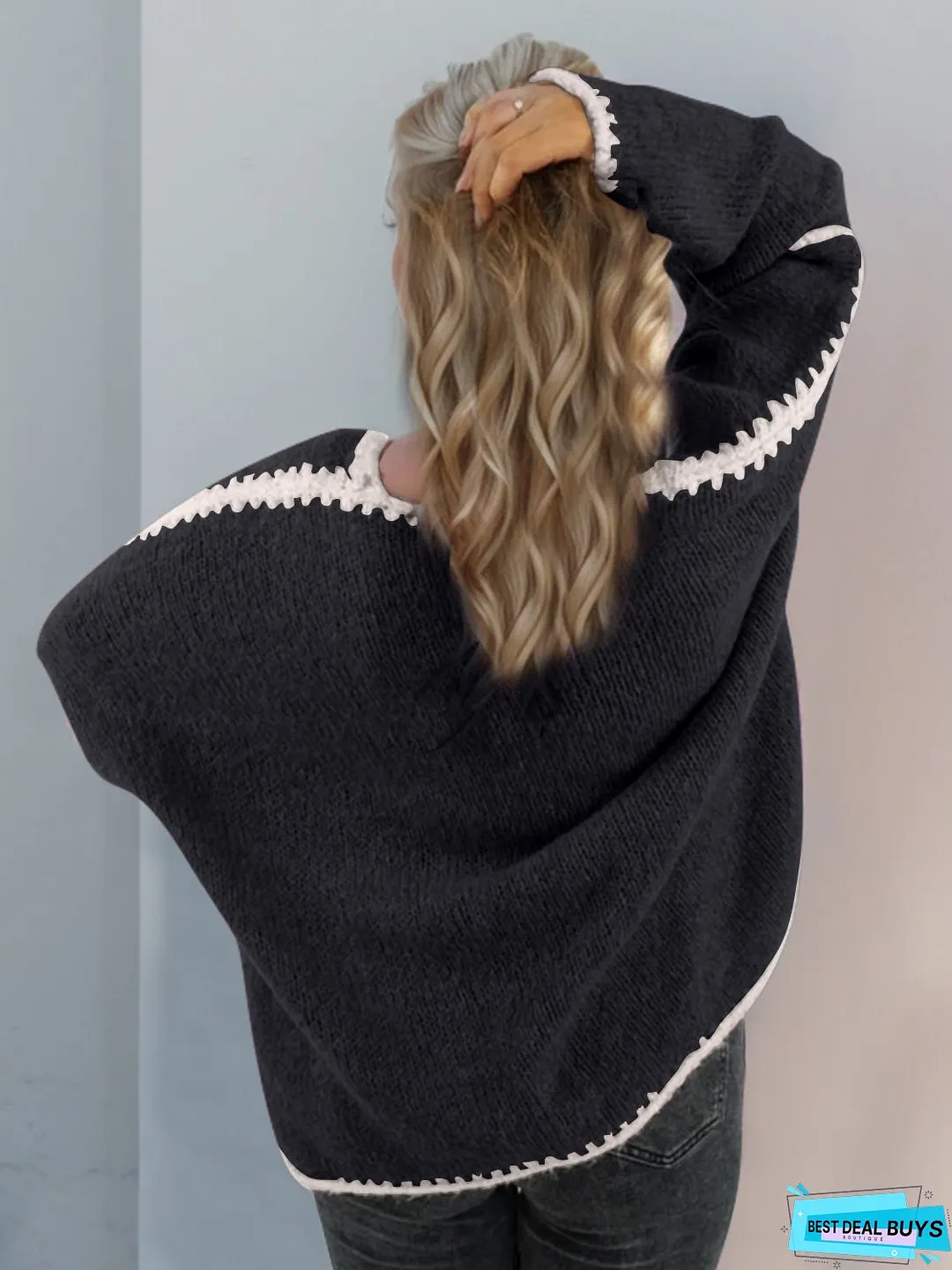 Double Take Contrast Open Front Dropped Shoulder Cardigan