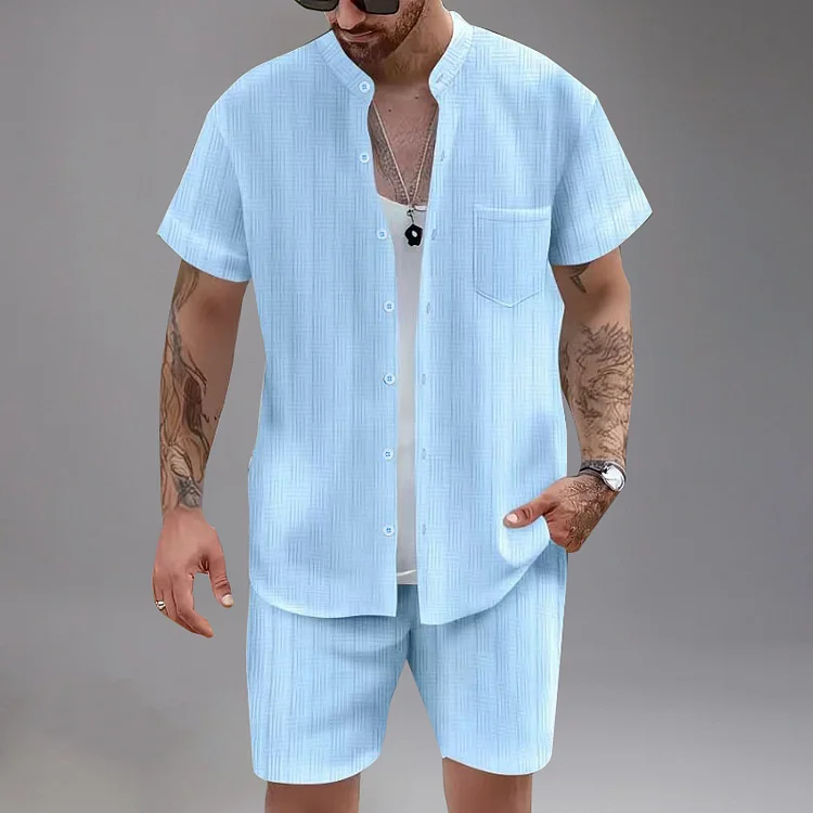Casual Button Chest Pocket Shirt & Shorts 2Pcs Set 