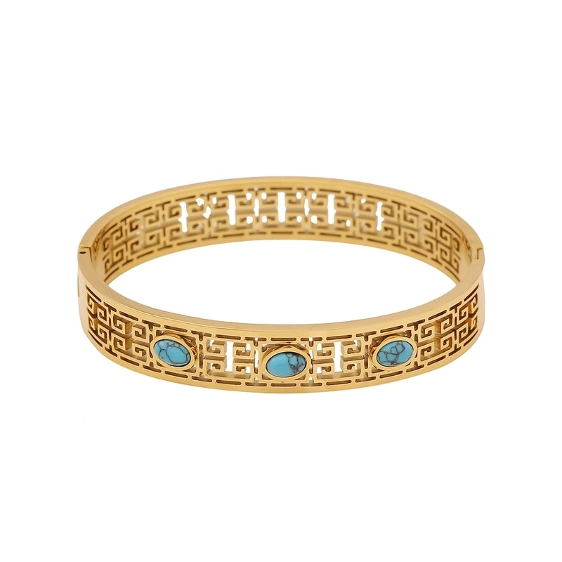 Vintage Style Minimalist Irregular 304 Stainless Steel 18K Gold Plated Turquoise Bangle In Bulk
