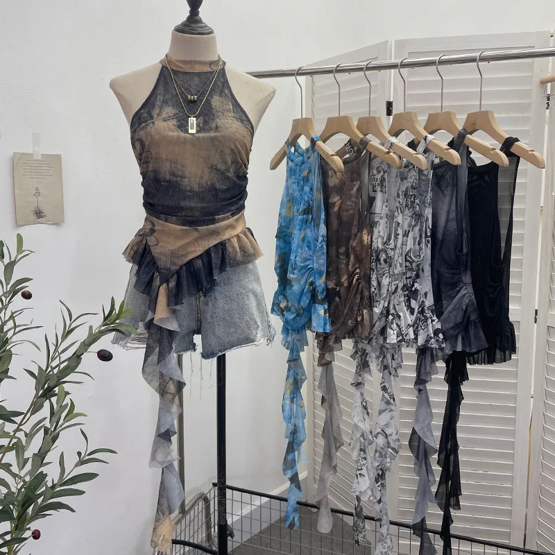 Uveng Trend Irregular Hanging Neck Dyeing Net Yarn Vest Lotus Side Ribbon Short Sleeveless Top 9969