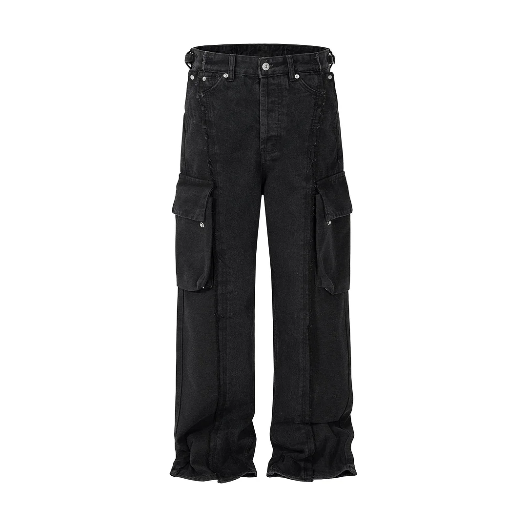 Aonga Y2k Streetwear Tassel Multi Pocket Jeans for Men Straight Solid Baggy Cargo Pants Pantalones Hombre Casual Denim Trousers aonga