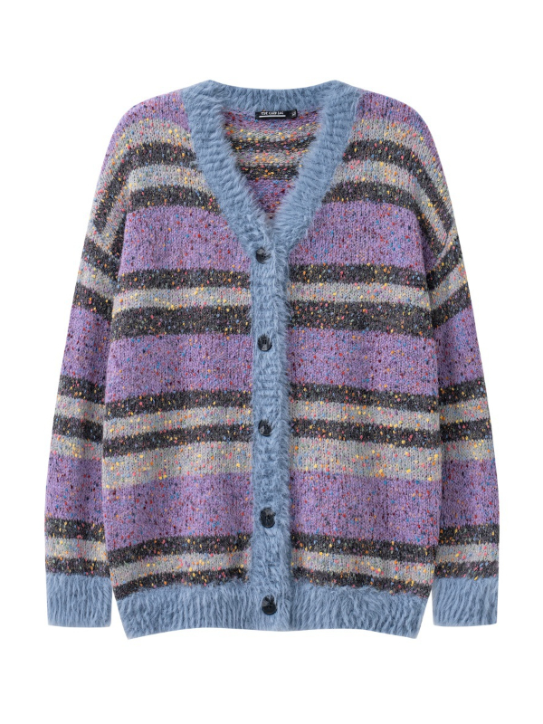 V-Neck Painted Spots and Color Block Stripes Loose Cardigan Knitted Sweater