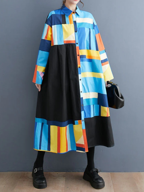 Color Block Printing Split Long Sleeve Lapel Midi Dress