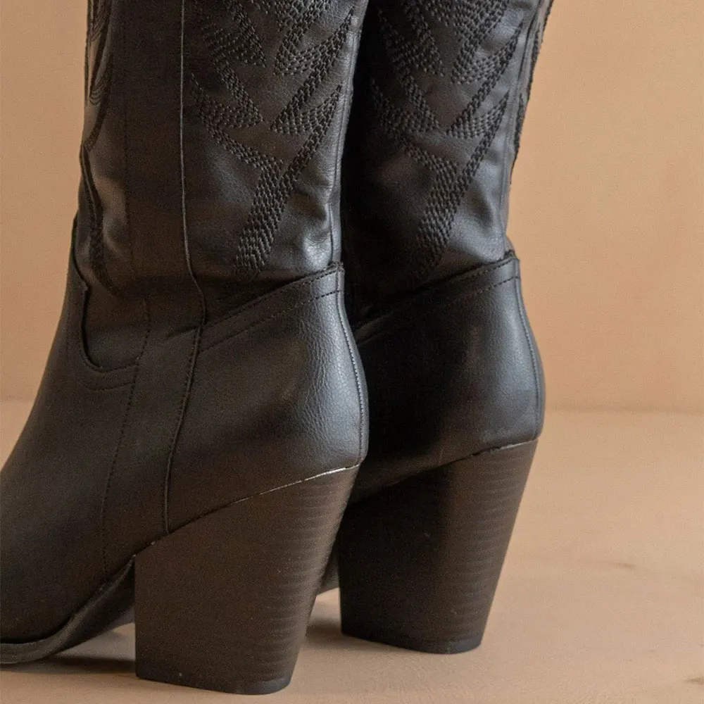 Pointed Toe Block Heel Knee High Black Embroidered Cowgirl Boots