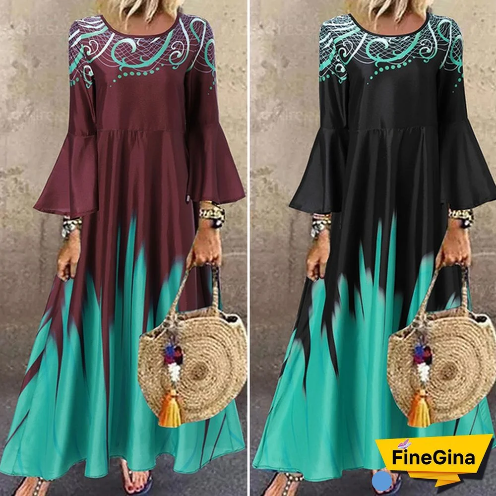 Women Kaftan Party Color Printed Long Shirt Dress Casual Flare Sleeve O Neck Slim Maxi Sundress
