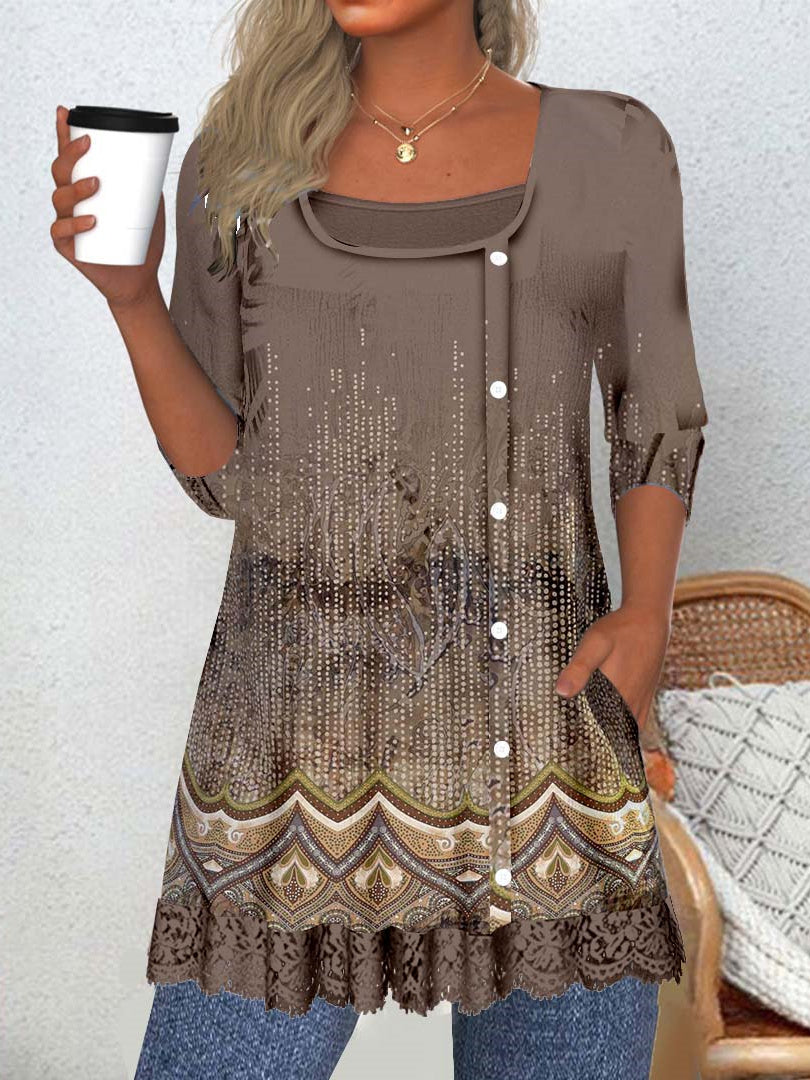 Women Long Sleeve V-neck Graphic Floral Printed Top