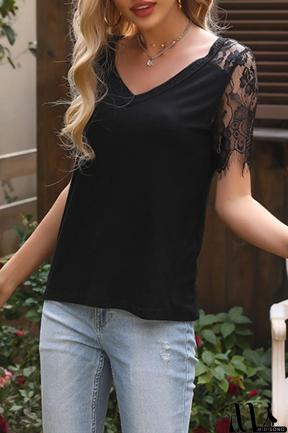 MidiSono - Fashion Street Solid Split Joint V Neck T-Shirts