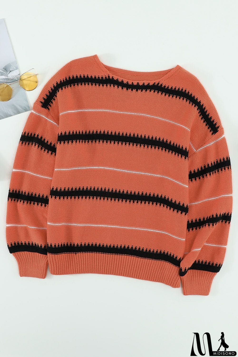 MidiSono - Pink Red Striped Loose Fit Pullover Sweater