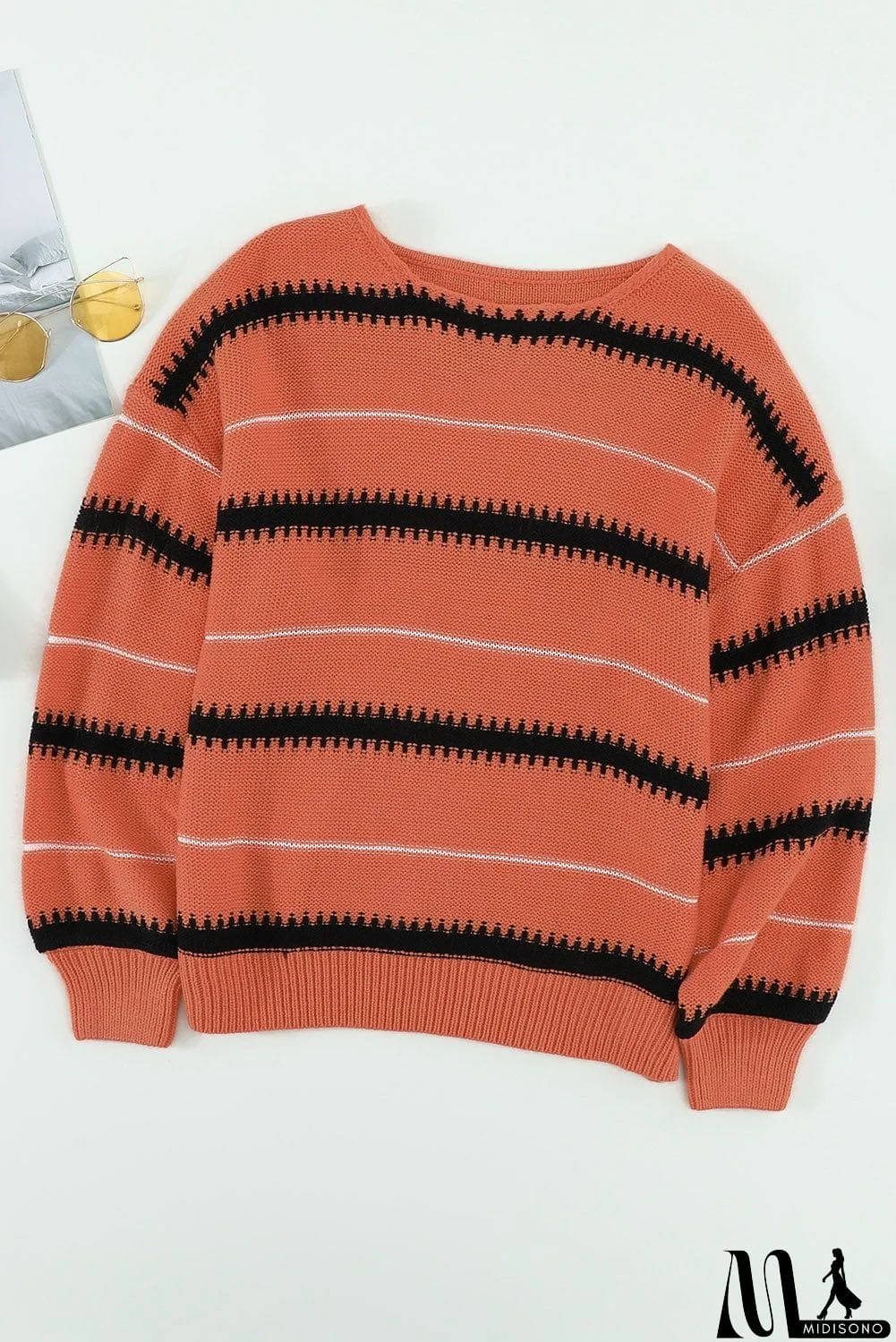 MidiSono - Pink Red Striped Loose Fit Pullover Sweater
