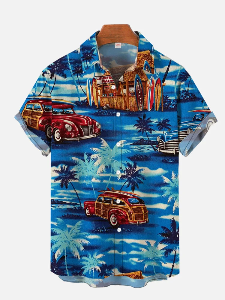 Blue Tropical Surfboard And Palm Trees Hawaiian Printing Short Sleeve Shirt