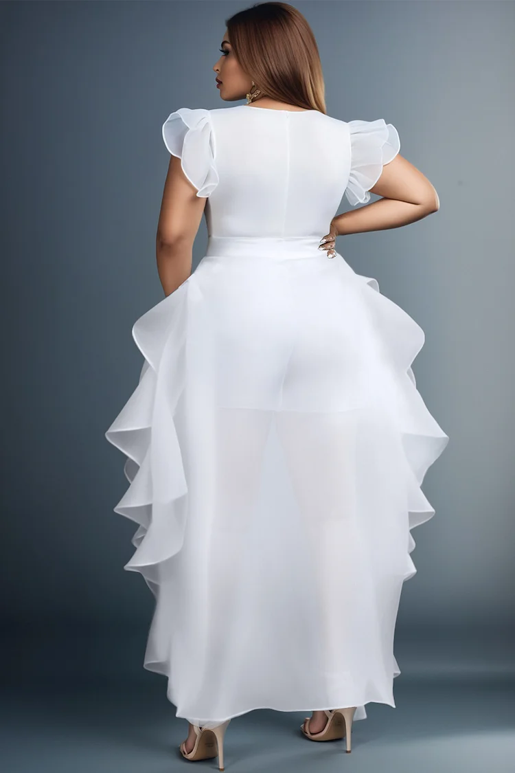 Xpluswear Design Plus Size Daily White Elegant V Neck Short Sleeve With Skirt Overlay Contrast Rompers [Pre-Order]