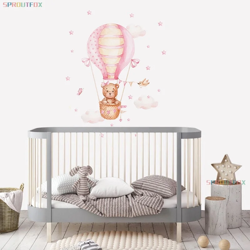 Watercolour Pink Hot Air Balloon Wall Stickers for Baby Nursery Room Decals Baby Girls Pink Bears Cartoon Animals Kids Stickers