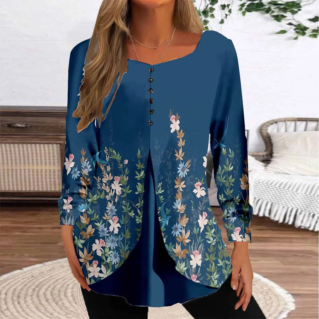 Women Floral,Blue DZGG8325 Long Sleeve Scoop Neck Printed Graphic Button Fake 2in1 Tops