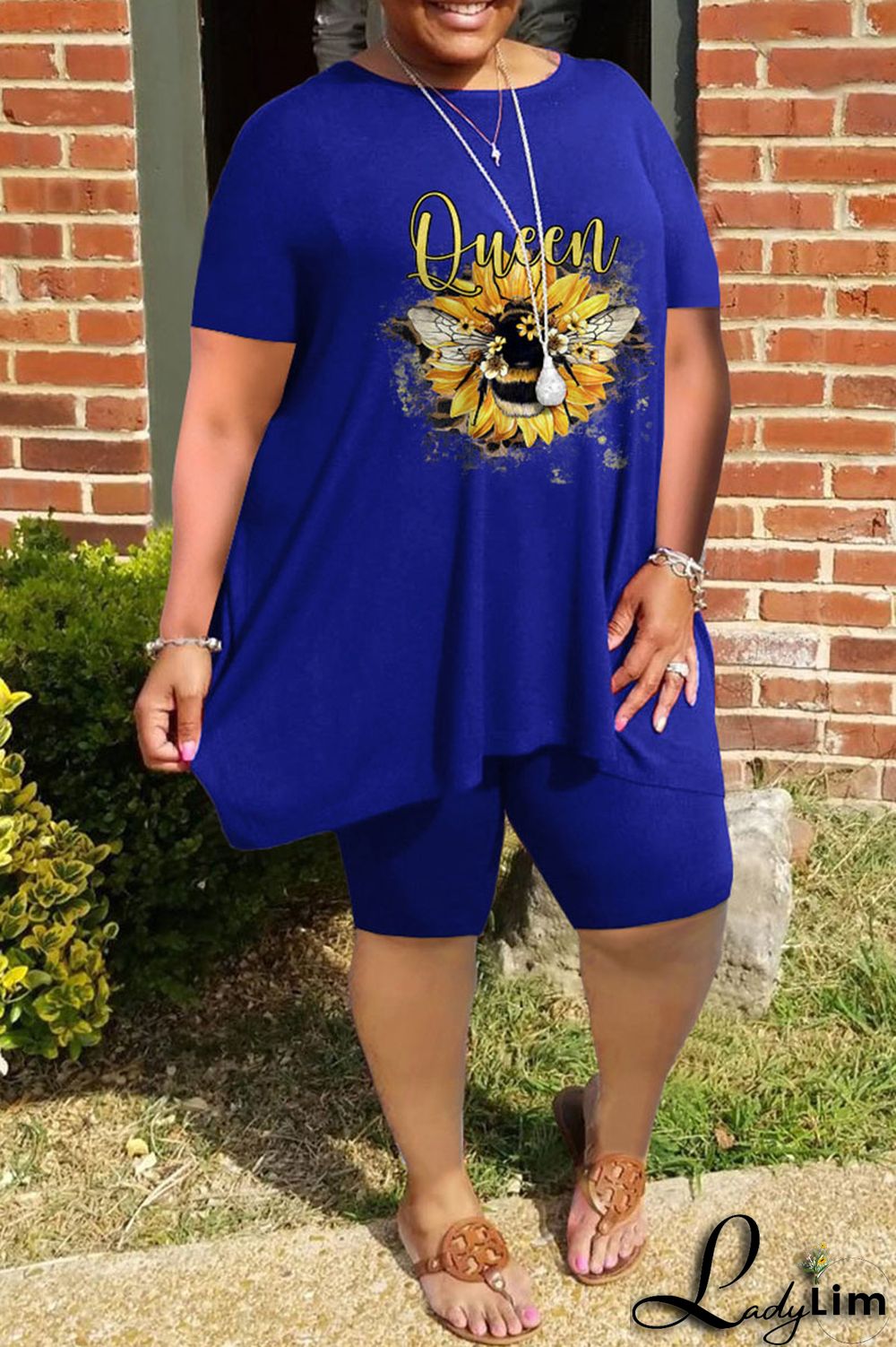 Blue Casual Print Split Joint O Neck Plus Size Two Pieces