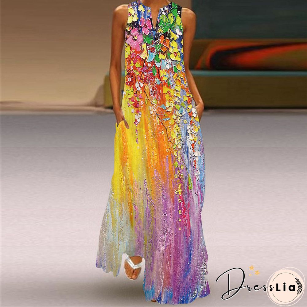 New Fashion Print Summer Dress Casual Sexy Boho Beach Women Party V-neck Sleeveless Pocket